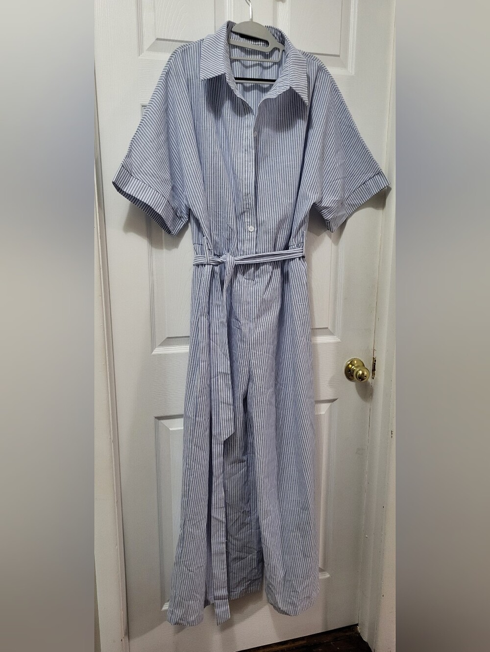 SHEIN Blue and White Striped Short-Sleeve Jumpsuit